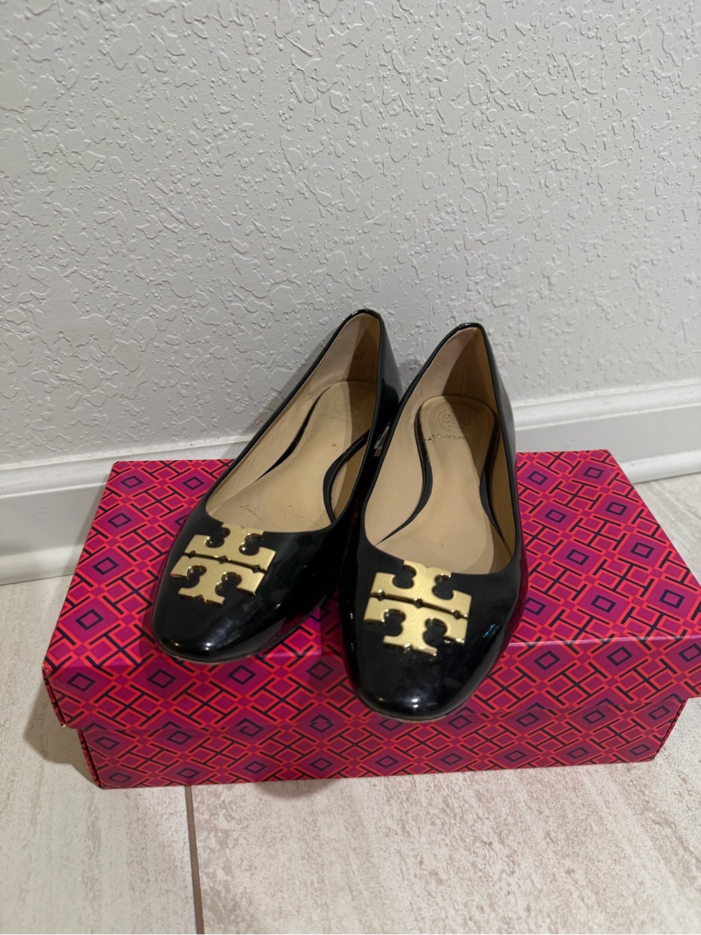 Tory Burch Black Patent Leather Flats with Gold Logo